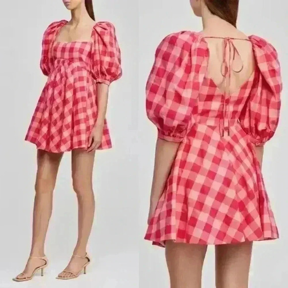 Acler Pink and Red Gingham Puff-Sleeve Mini Dress - Picture 3 of 14